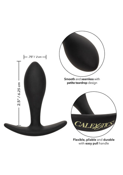 Zwarte traandruppel-plug met korte flens en petite teardrop-vorm, afmetingen weergegeven