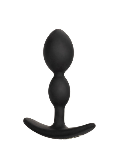 Zwarte teardrop anale plug met symmetrische vorm, brede flens en glad oppervlak.