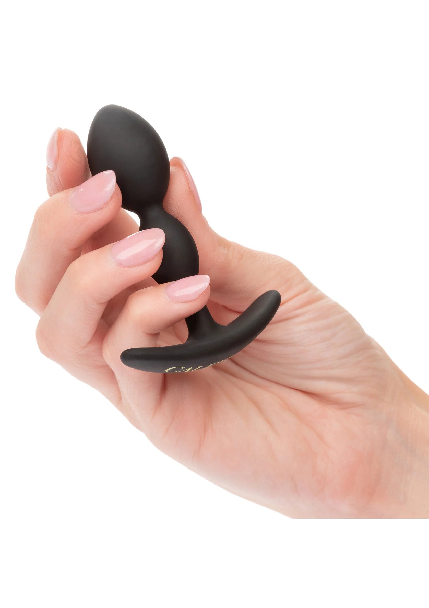 Zwarte anaalplug 2x teardrop vastgehouden door een hand, soepele siliconen look