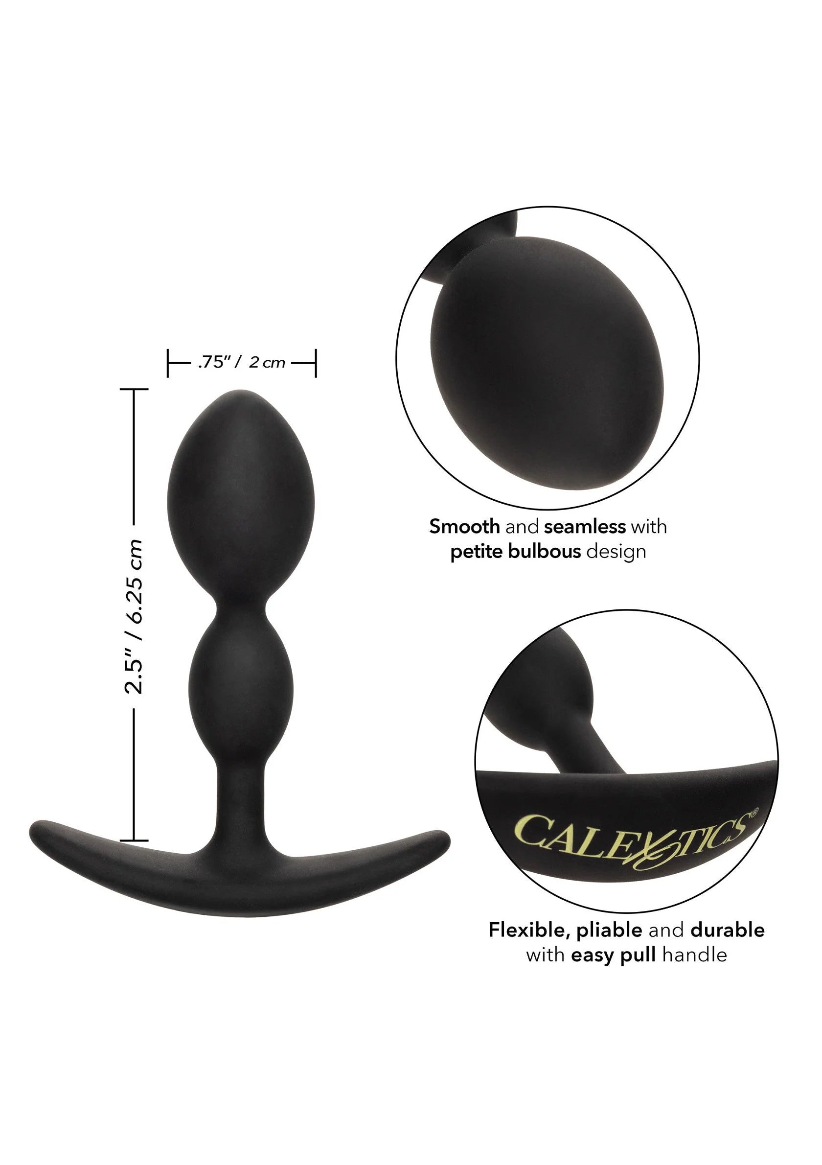Zwarte 2x teardrop anaalplug met afmetingen en glad, taps toelopend uiteinde