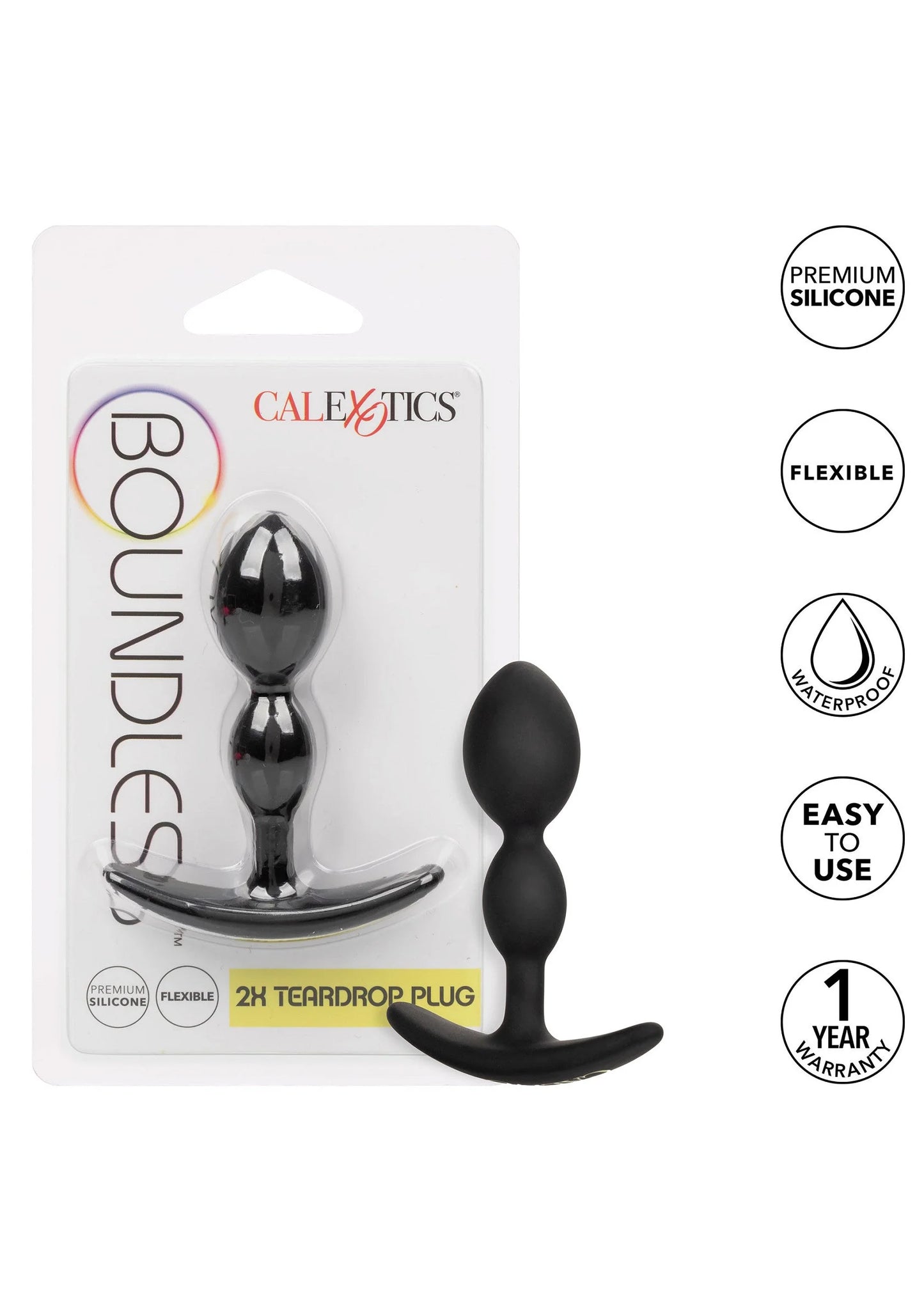 CalExotics anaalplug 2x teardrop met handgreep en premium siliconen op de doos