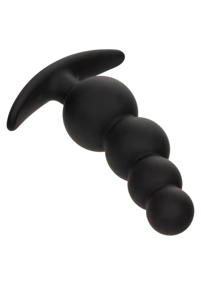 CalExotics beaded anale plug: matzwarte siliconen bollen en gebogen staart.