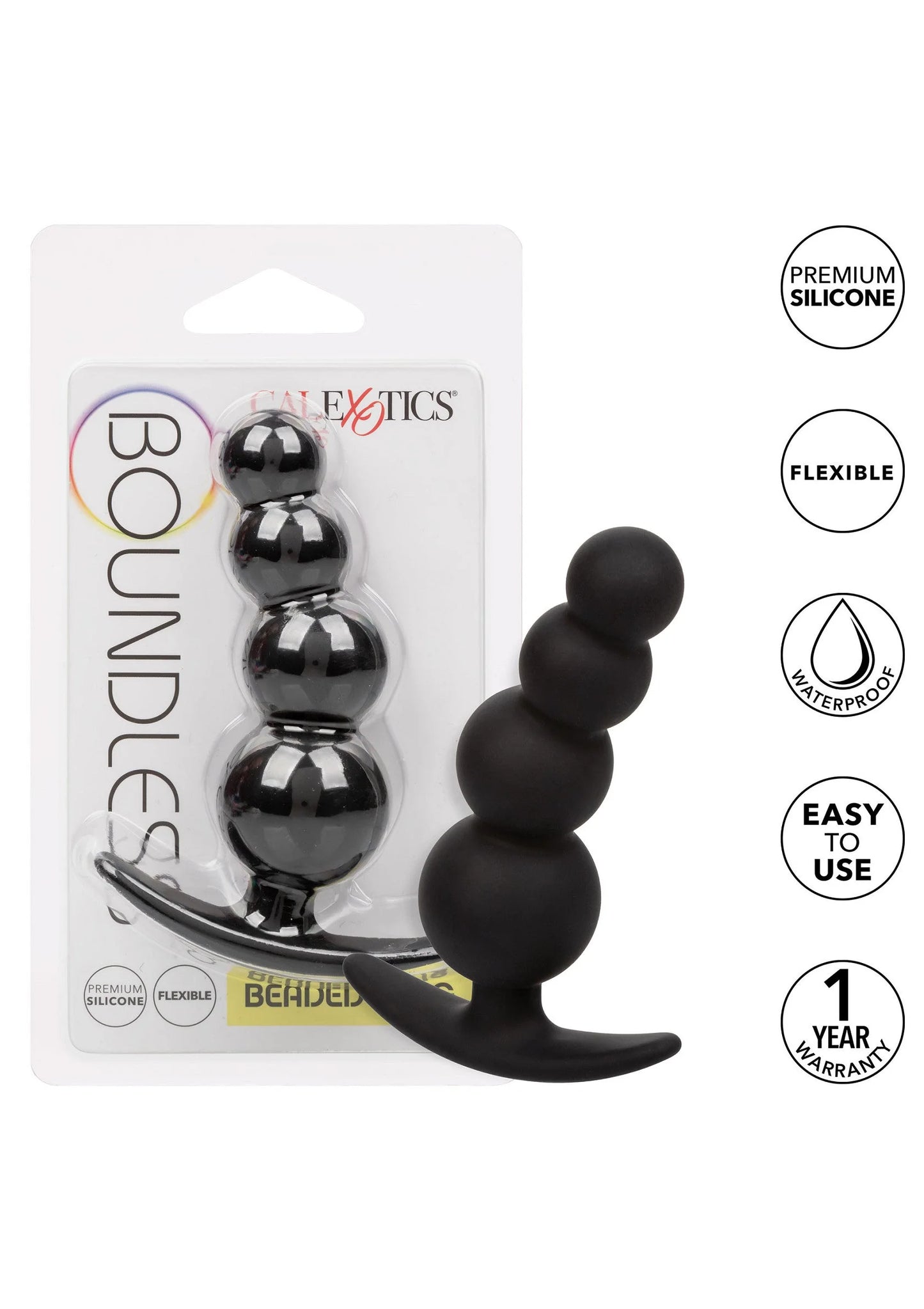 CalExotics beaded anale plug: zwarte siliconen, drie bollen en gebogen staart.