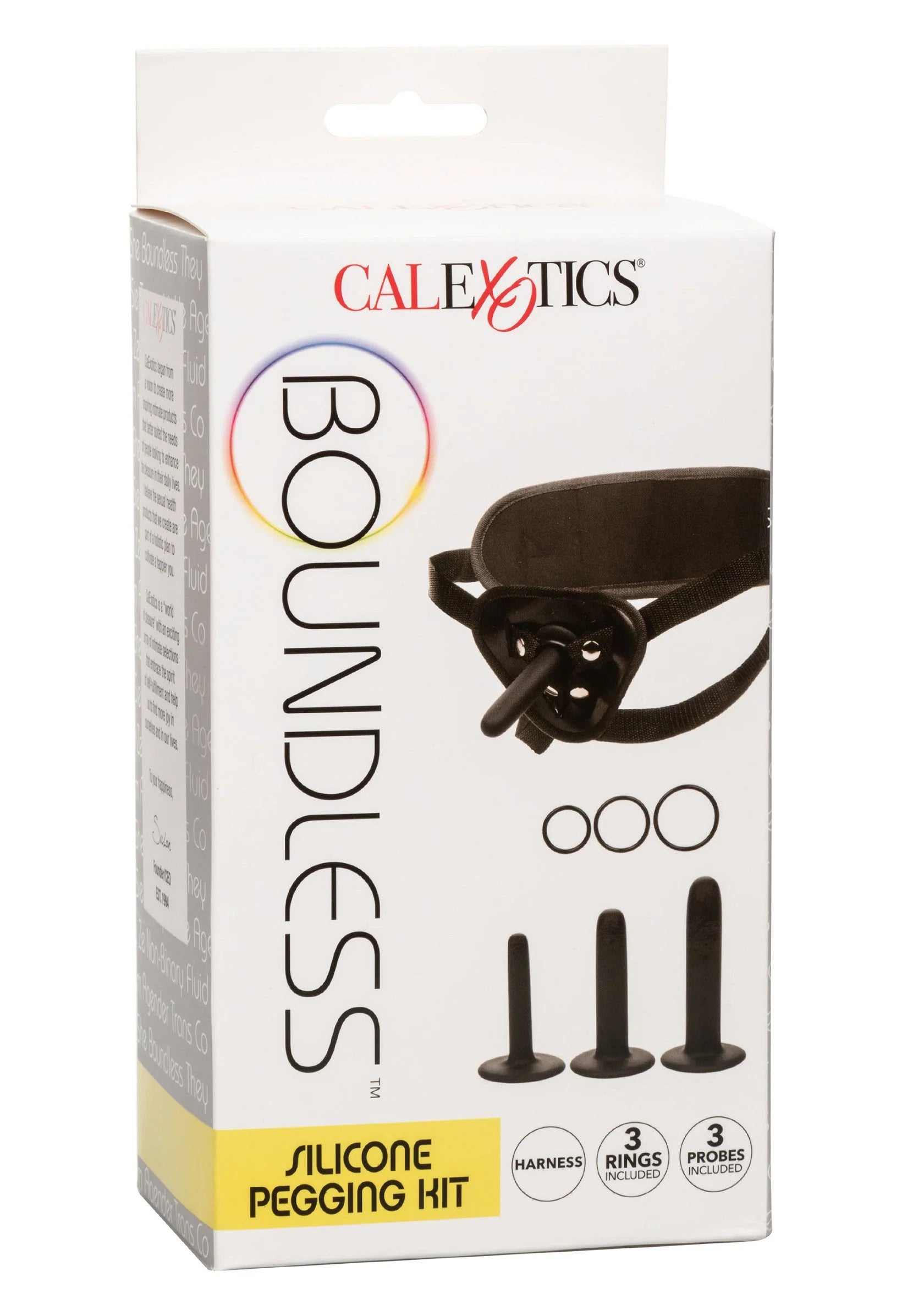 CalExotics Boundless siliconen peggingkit verpakking met ringen- en plugafbeeldingen