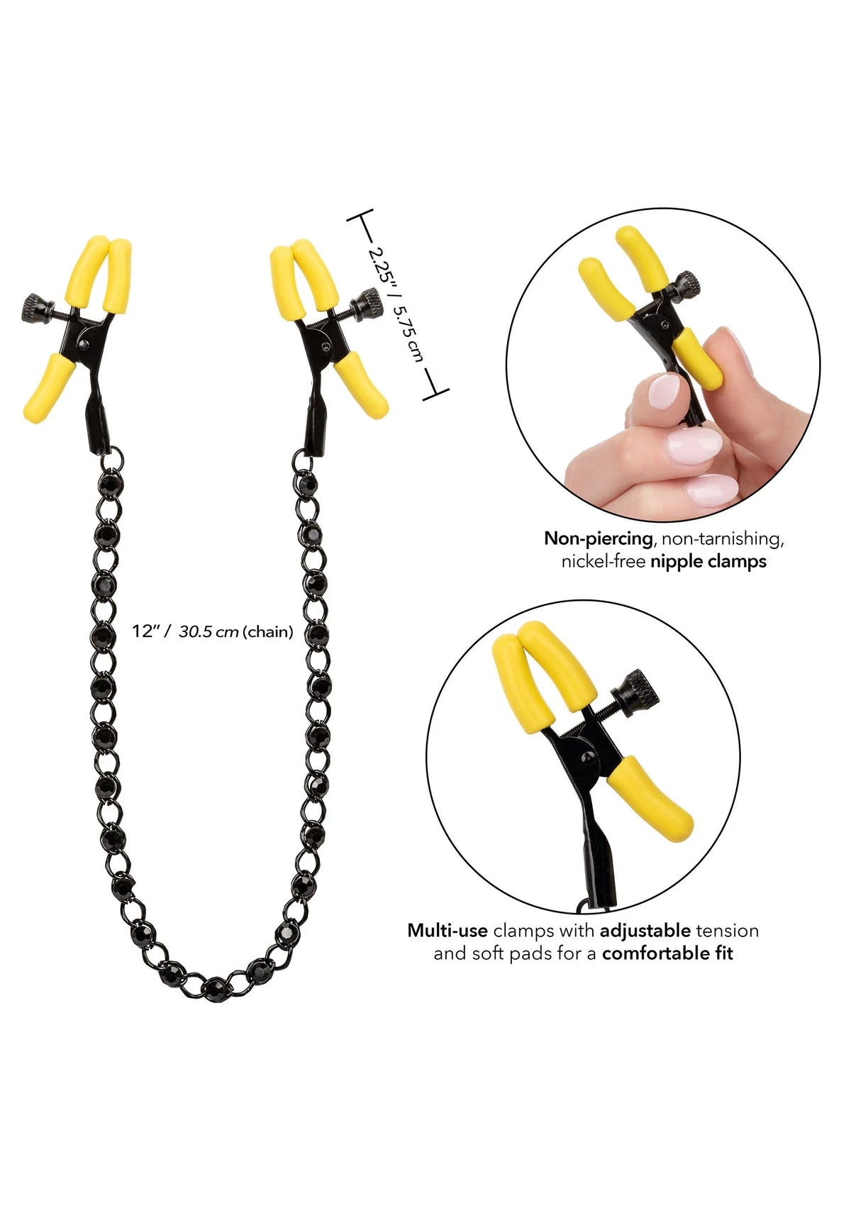 Borstnippelclips met zwarte ketting en gele klemmen, niet-perforerend