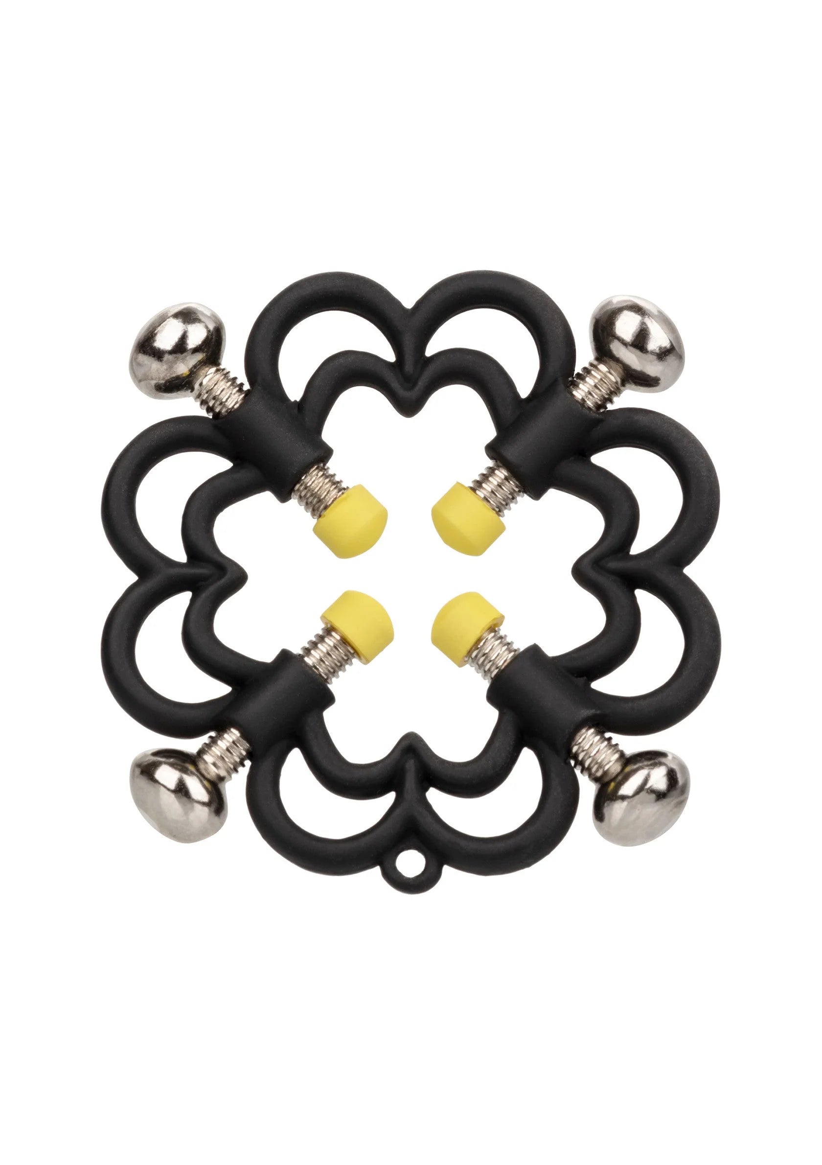 Zwarte bloemvormige nippelklem met metalen kogelknoppen en gele drukpads
