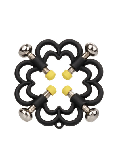 Zwarte bloemvormige nippelklem met metalen kogelknoppen en gele drukpads