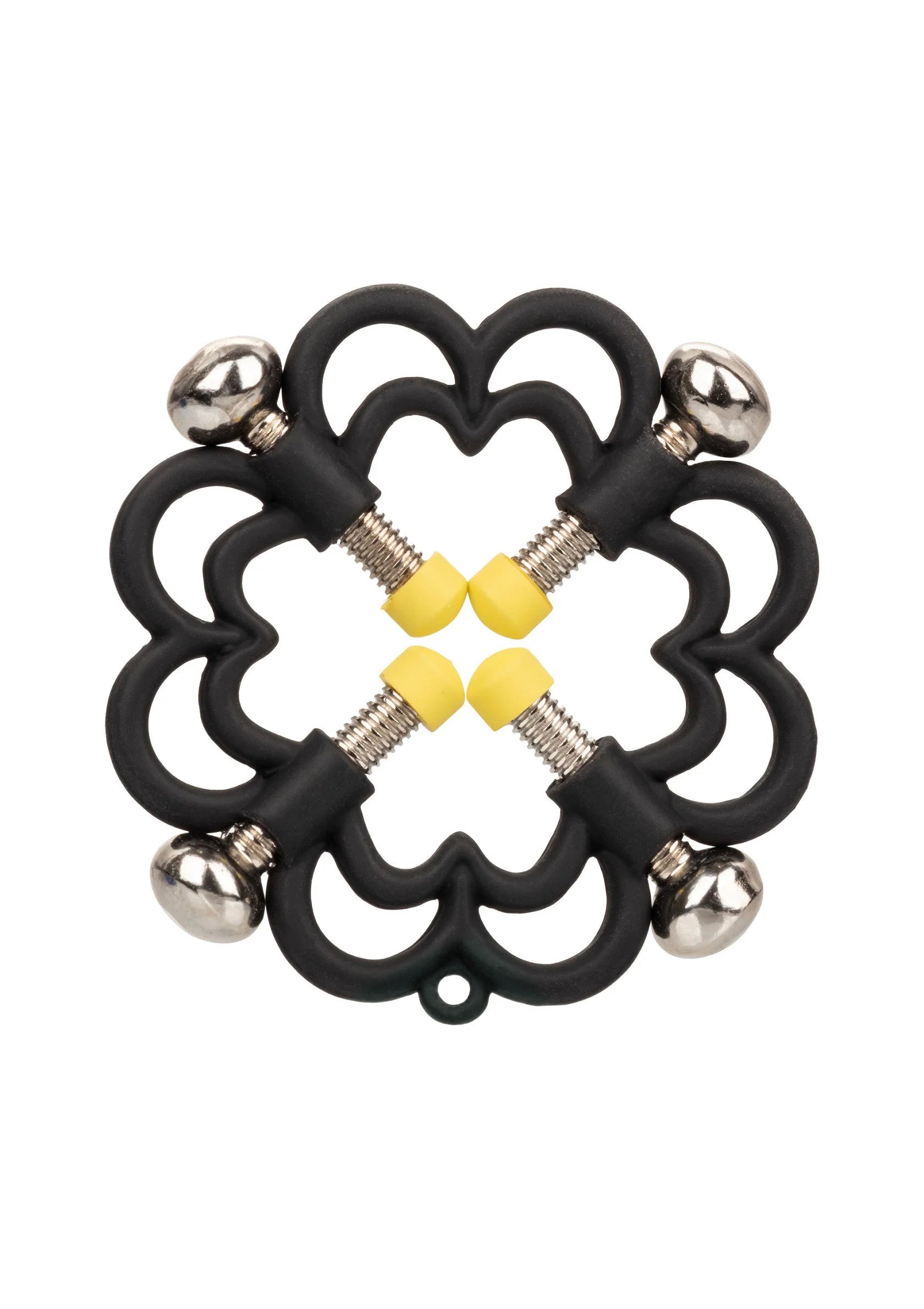 Zwarte bloemvormige nippelklem met twee schroefassen, gele kussentjes en metalen knoppen