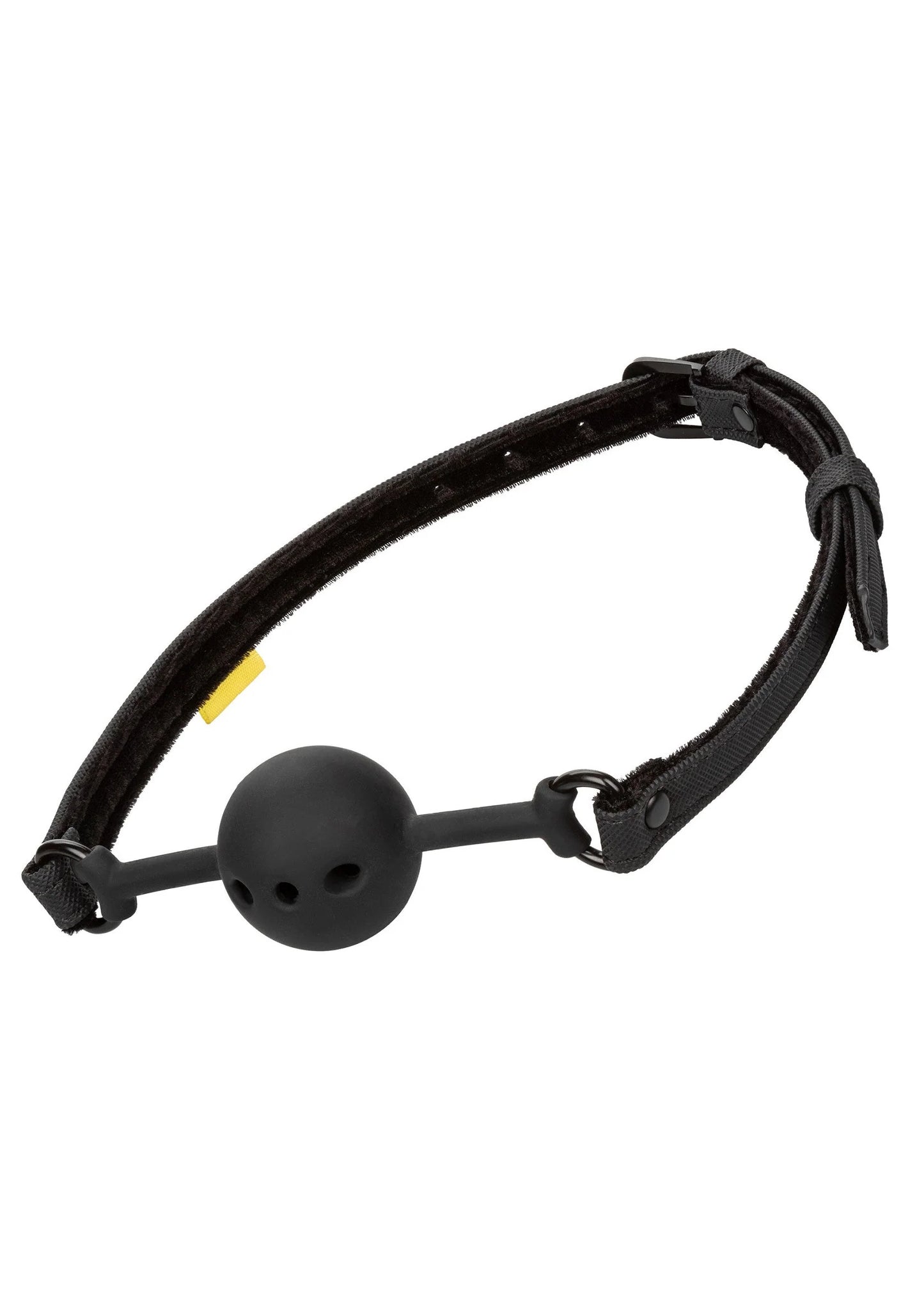 Ademende ball gag met zwarte band en ronde zwarte mondbal