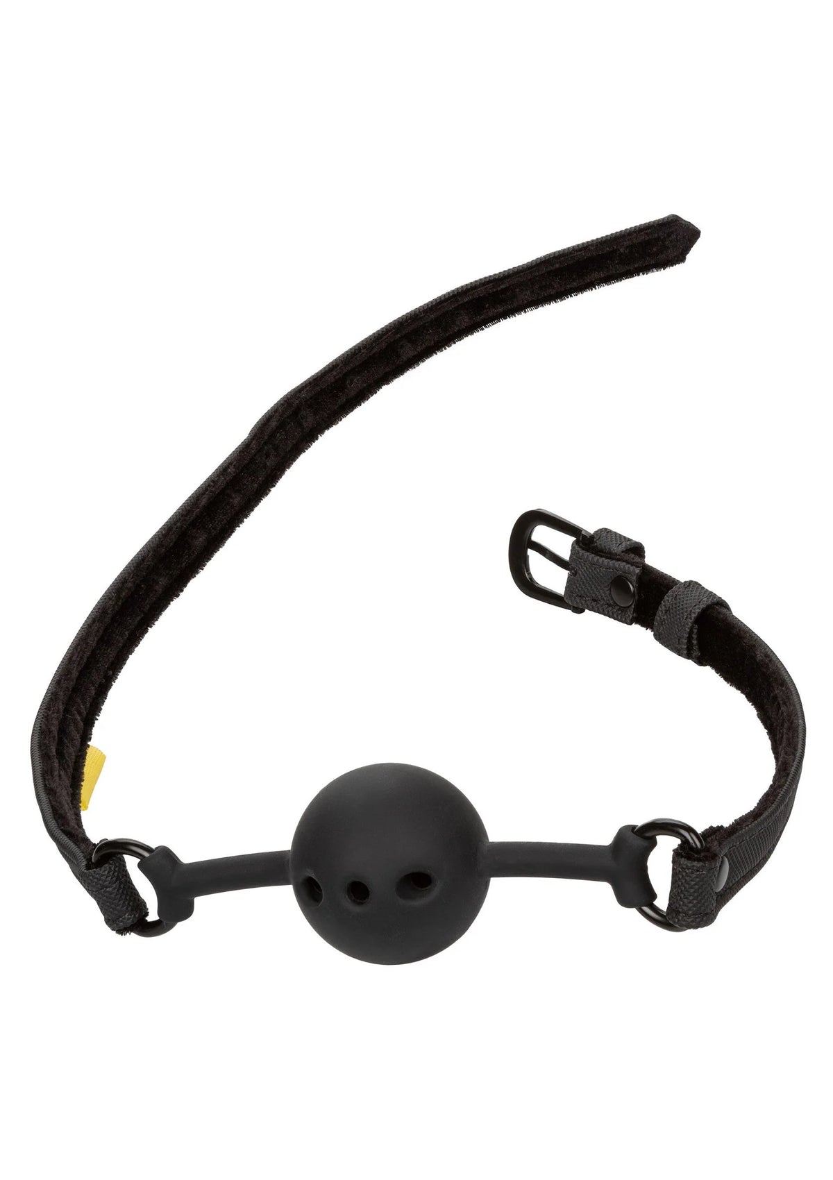 Zwarte ball gag met ronde mondbal en lange bovenriem