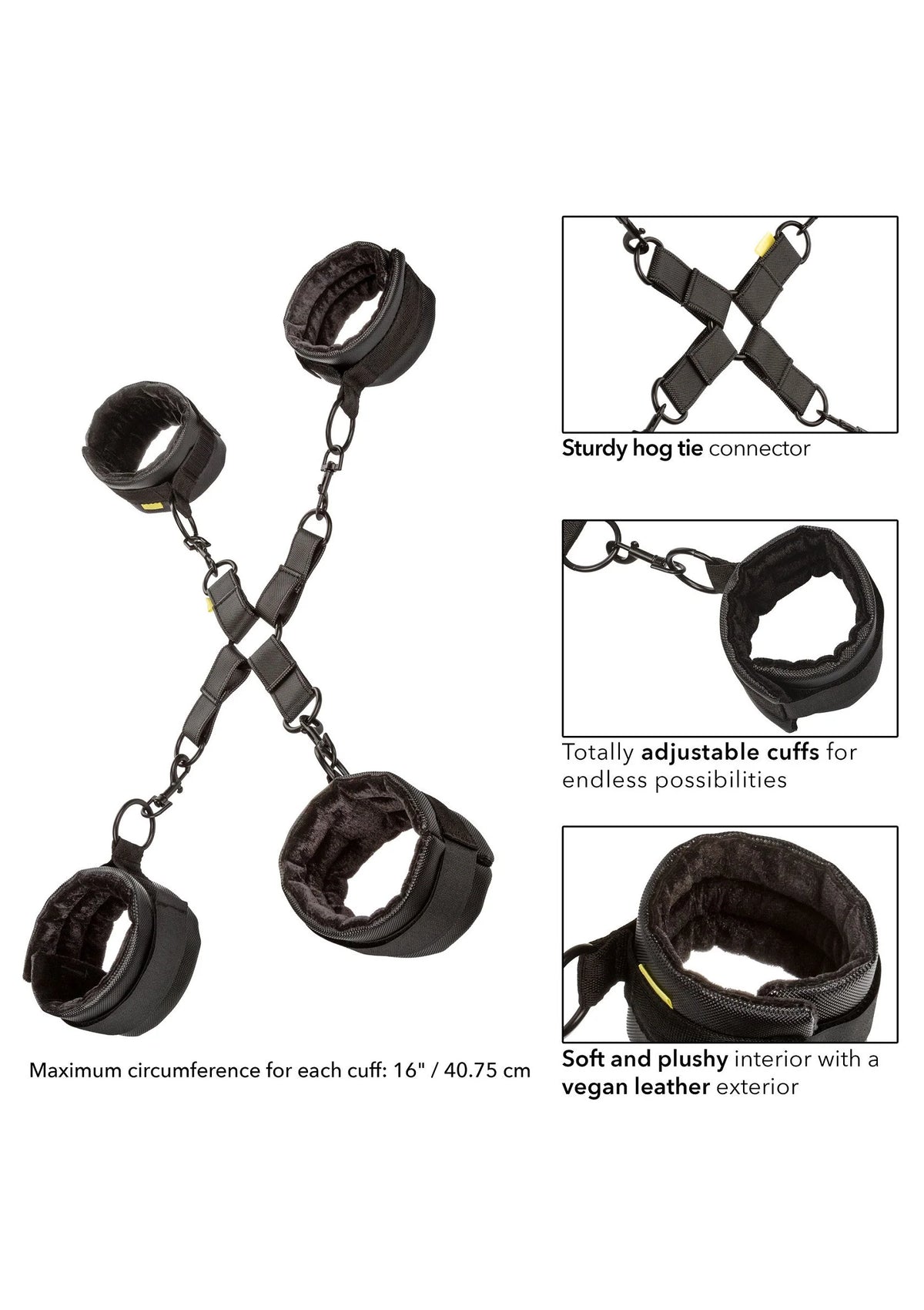 Zwarte hogtie-boeien set met kruisriem, kettingen en vier zachte manchetboeien