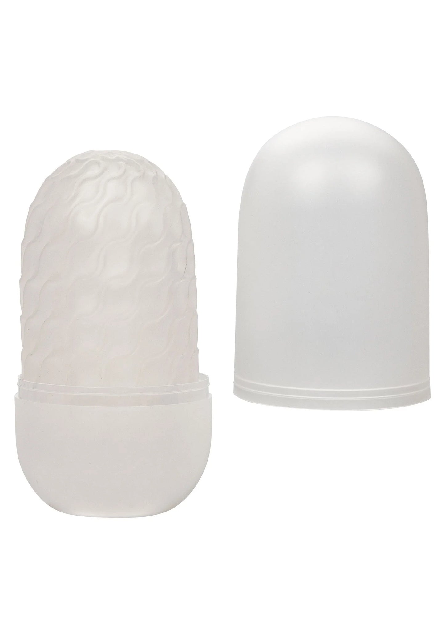 Witte opbergcapsules voor seksstroker: twee afgedekte onderdelen op elkaar, los zichtbaar.