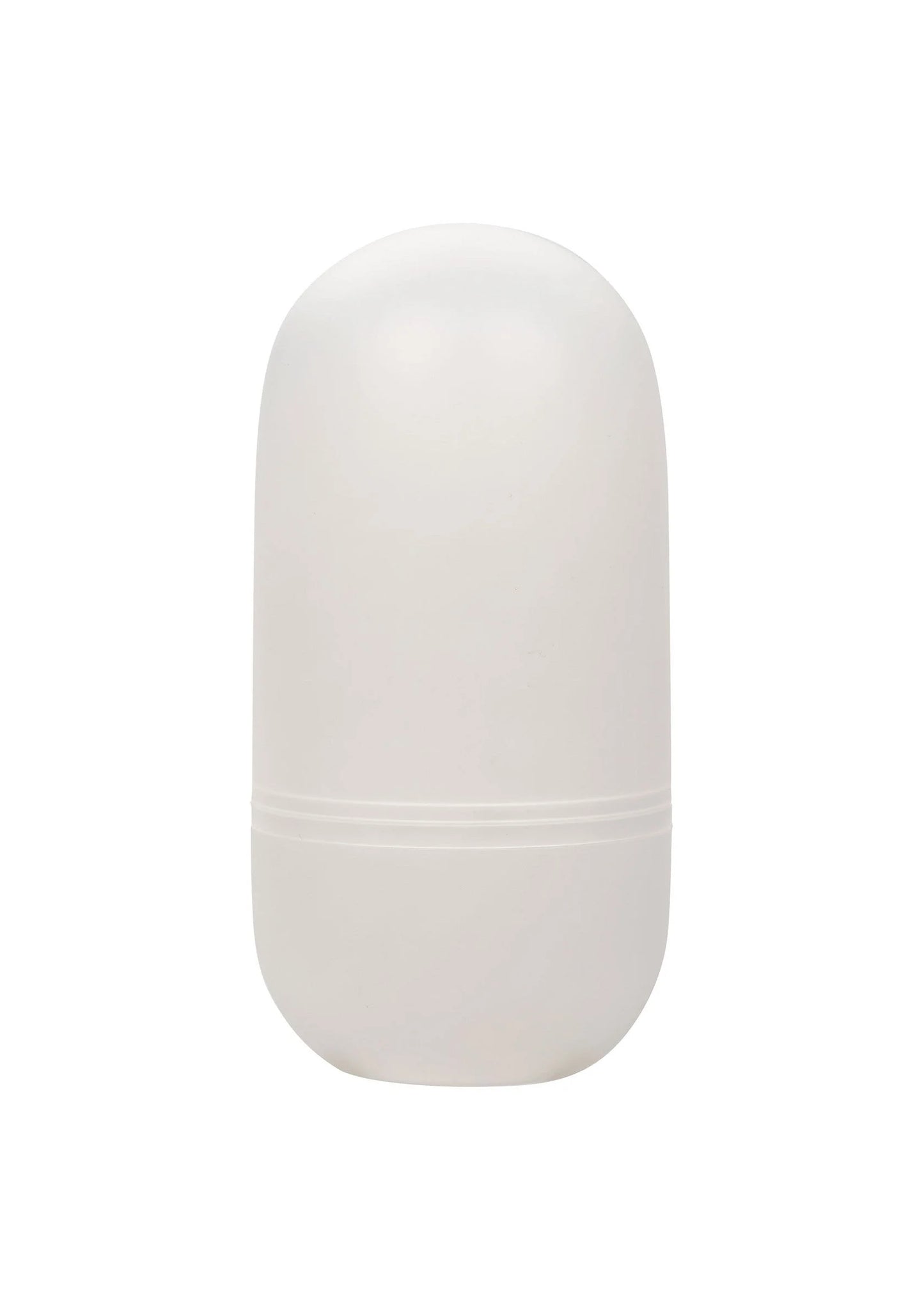 Witte opbergcapsule voor seksstroker, afgeronde top met sluitband onderaan.
