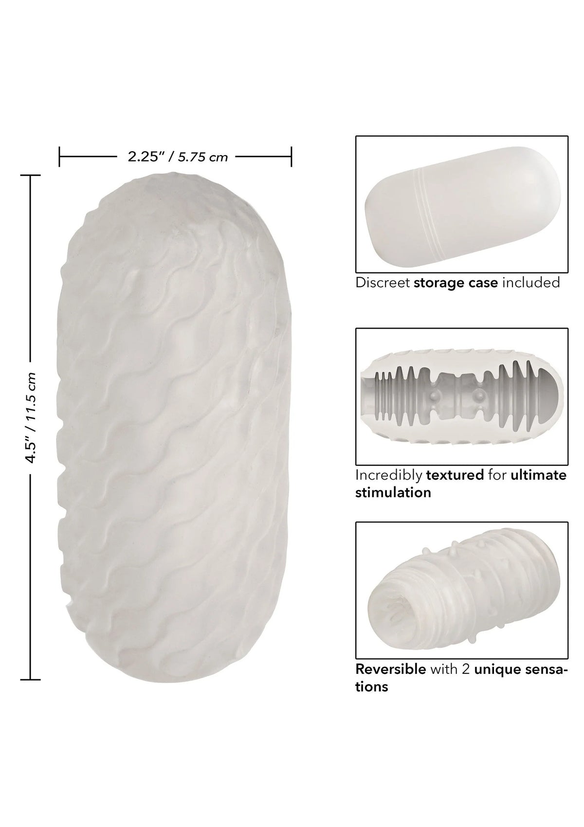 Witte ribbelstroker met afmetingen en opbergcase-illustratie