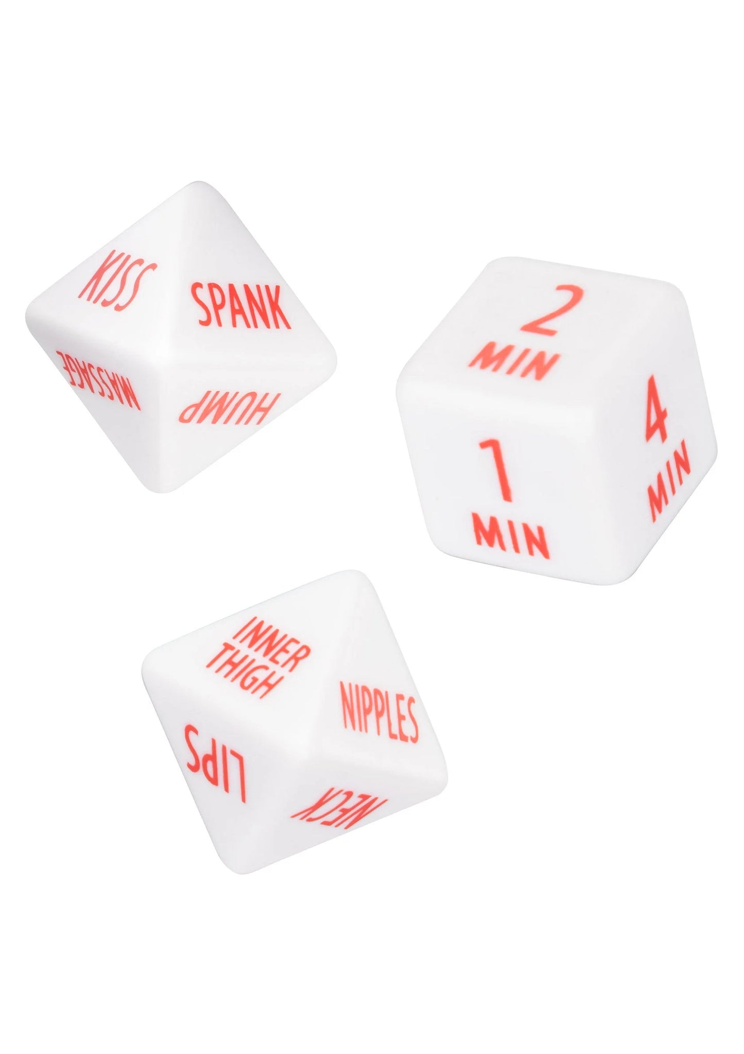 Witte Tempt & Tease dobbelstenen met rode teksten 'Spank', 'Min', 'Nipples' en 'Thighs'.