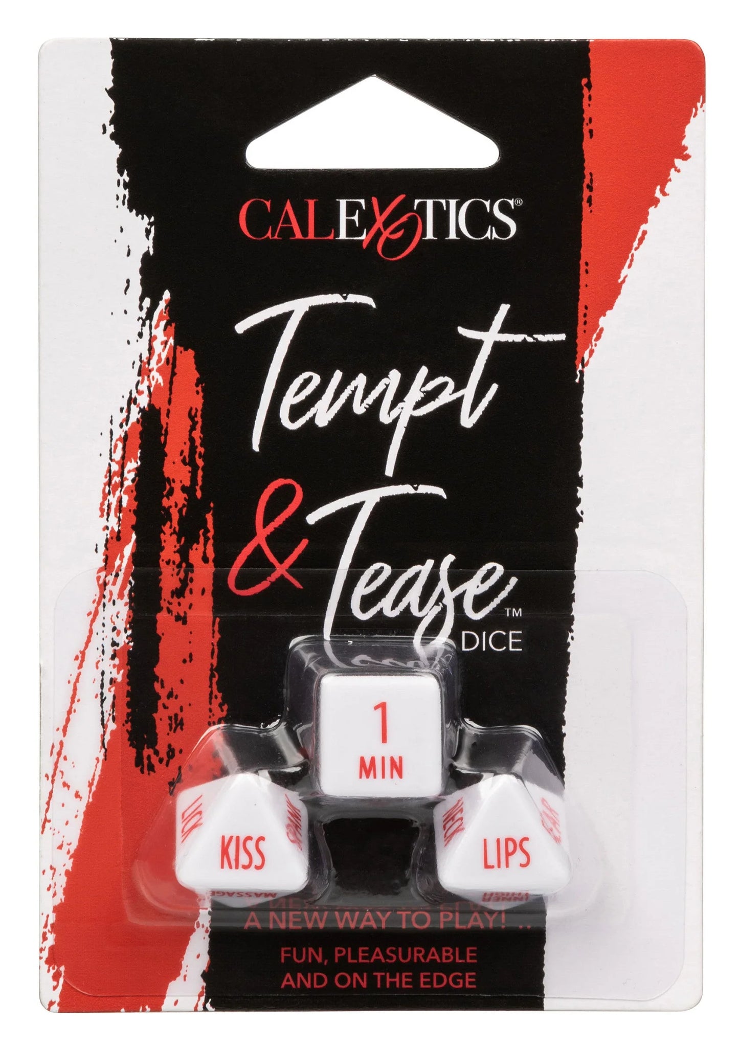 Blisterverpakking van CalExotics Tempt & Tease Dice met 1 MIN dobbelsteen in rood-zwarte kaart.