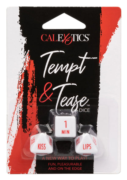 Blisterverpakking van CalExotics Tempt & Tease Dice met 1 MIN dobbelsteen in rood-zwarte kaart.