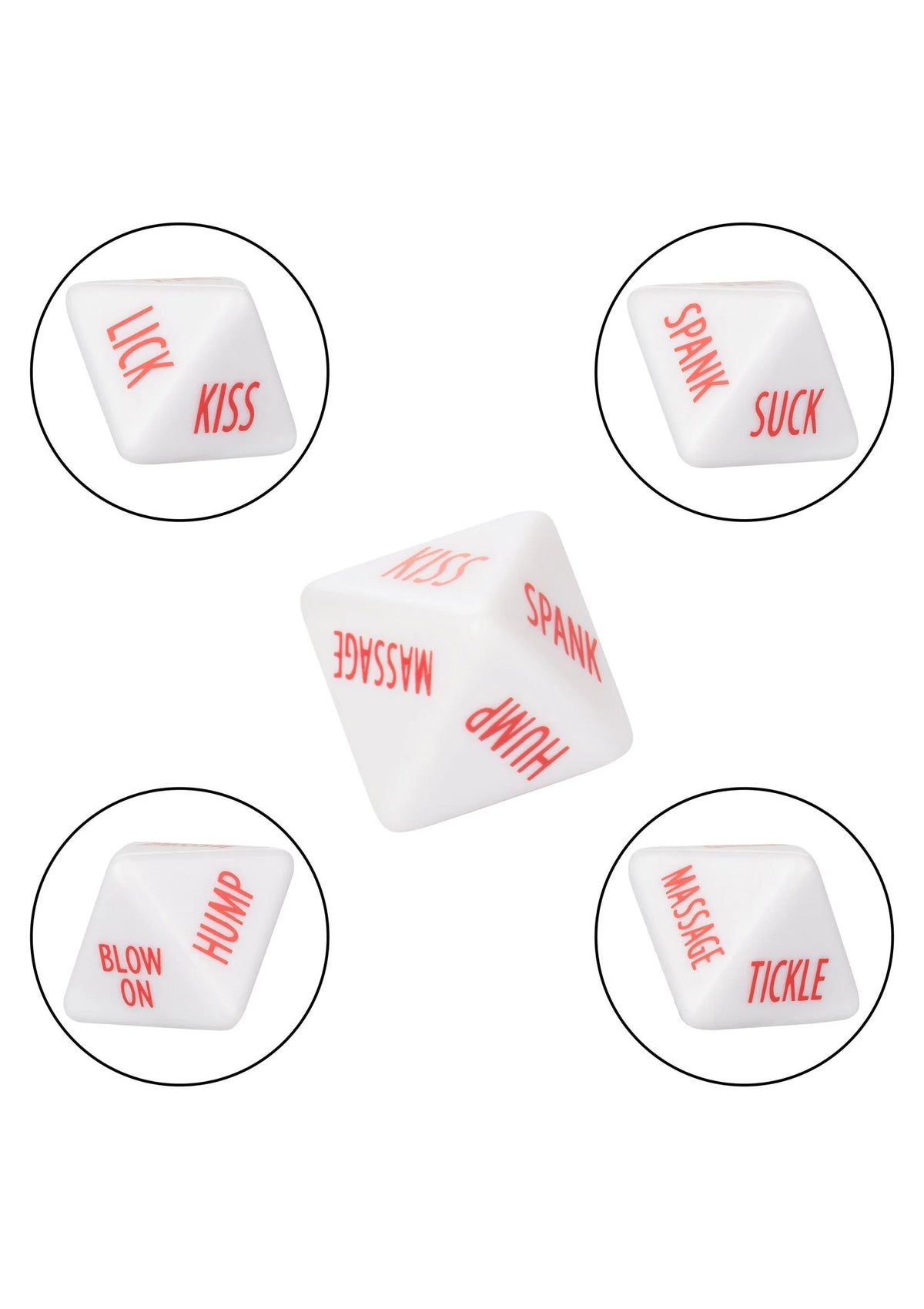 Witte dobbelstenen met rode instructies; close-ups met o.a. 'LICK', 'KISS', 'TICKLE'.