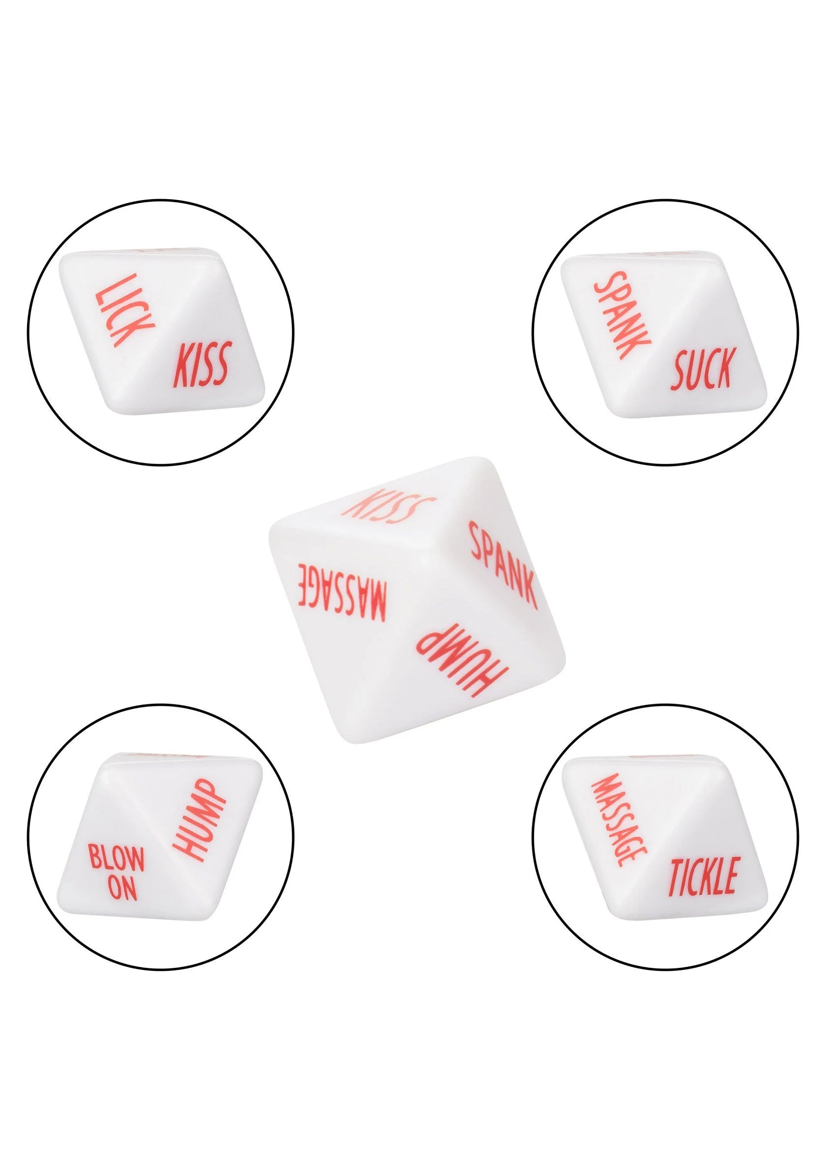 Witte dobbelstenen met rode instructies; close-ups met o.a. 'LICK', 'KISS', 'TICKLE'.