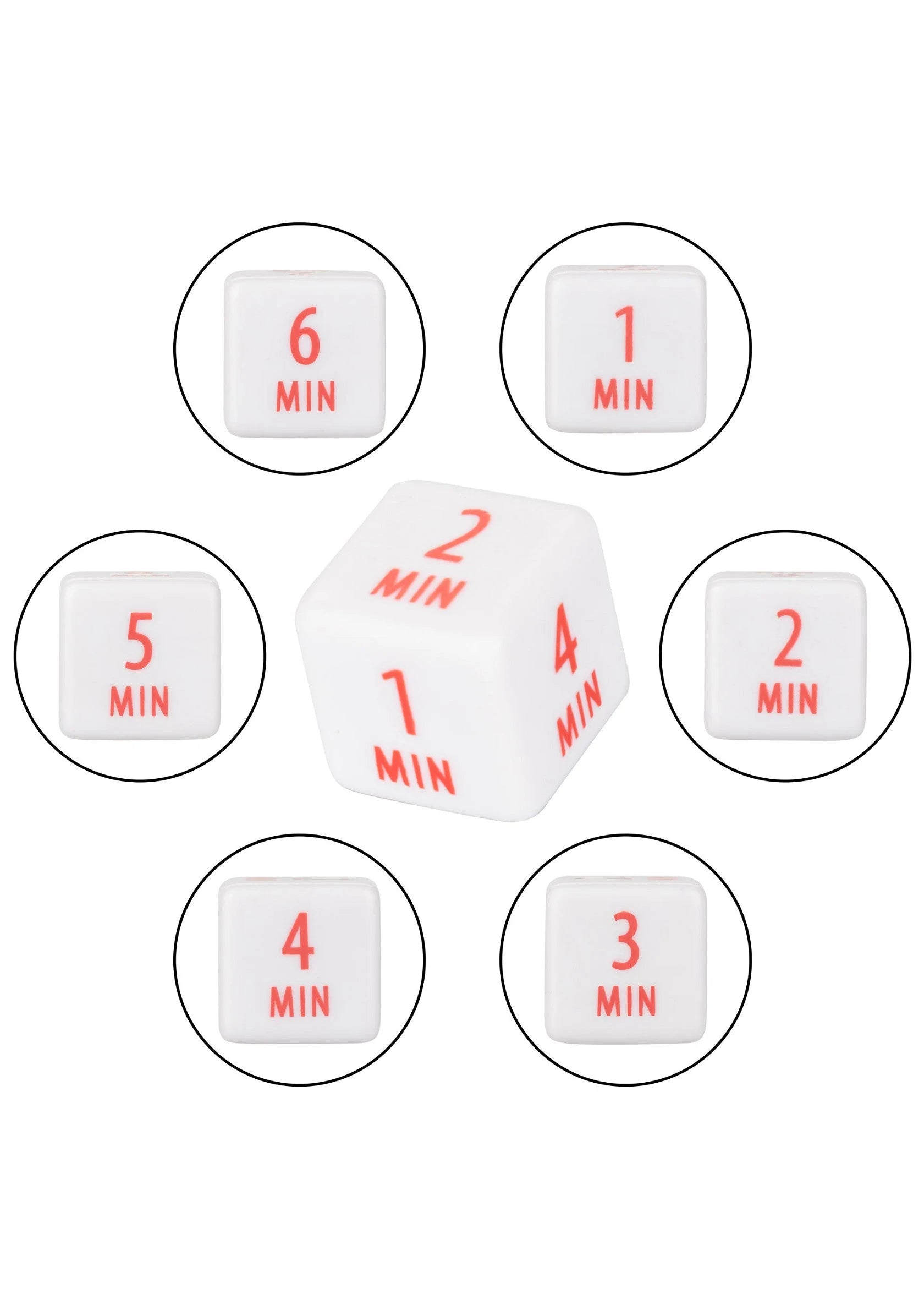 Witte dobbelstenen met rode tijden: '1 MIN' tot '6 MIN'.