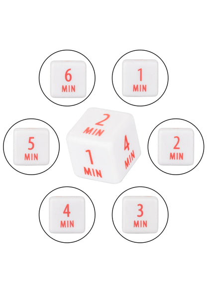 Witte dobbelstenen met rode tijden: '1 MIN' tot '6 MIN'.