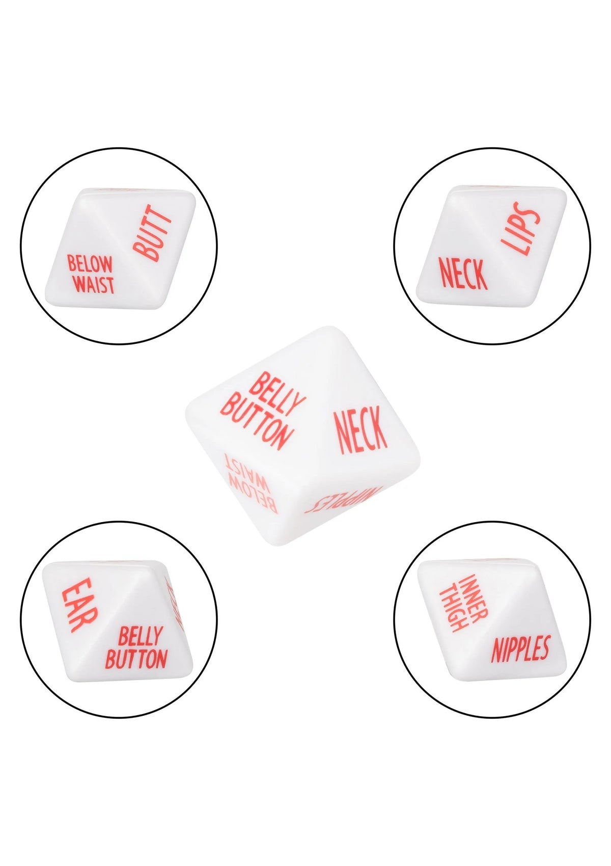 Witte dobbelstenen met rode lichaamsdelen: 'Neck', 'Belly', 'Ear' en 'Thighs'.