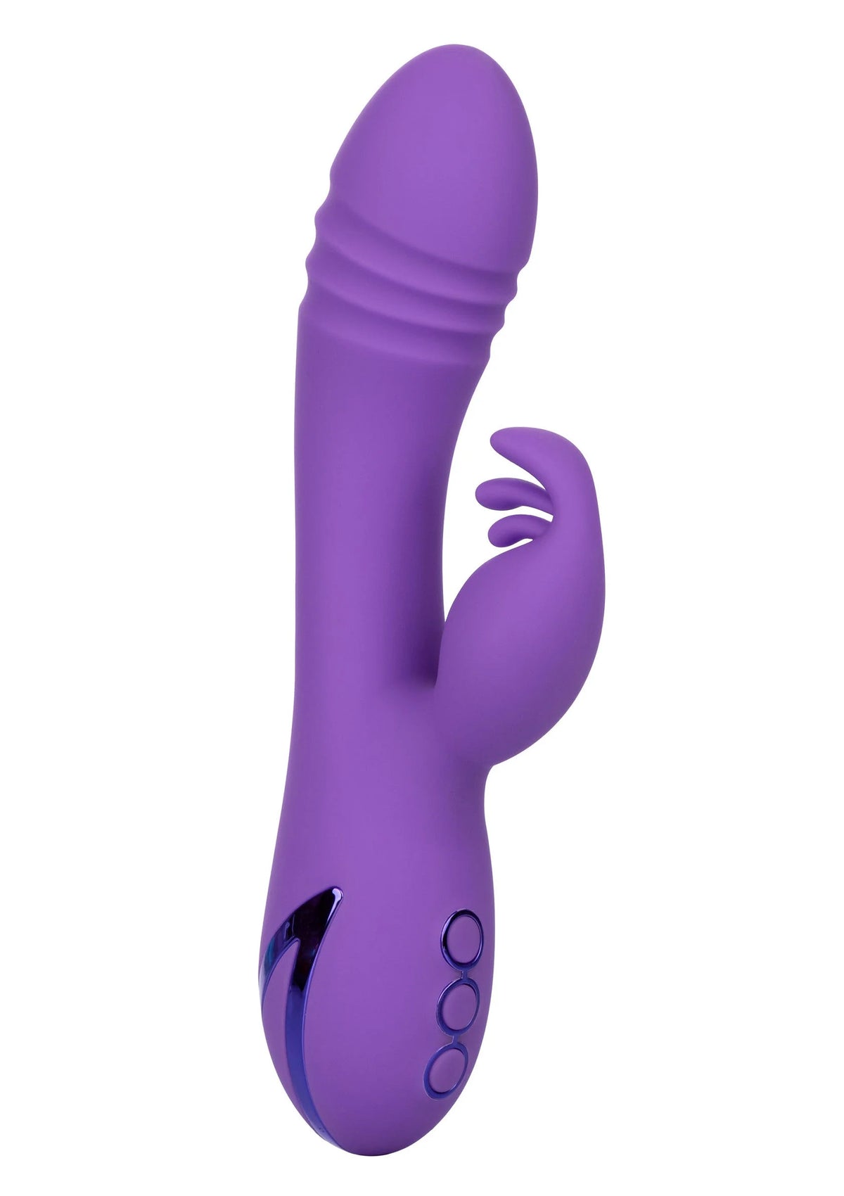 Paarse siliconen vibrator met gebogen vorm en dubbele trilzone.