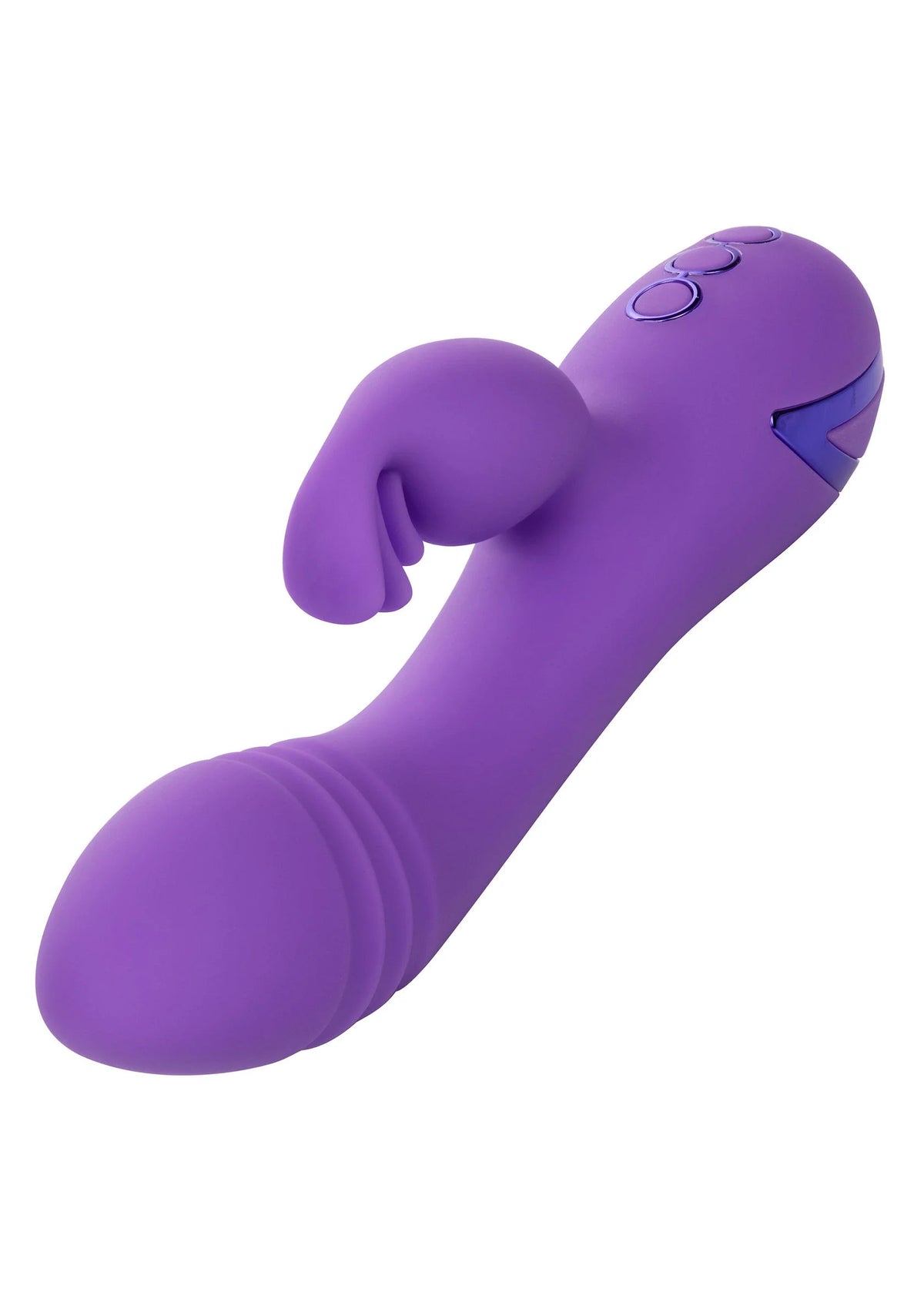 Paarse siliconen duo-vibrator close-up van knop en afgeronde kop