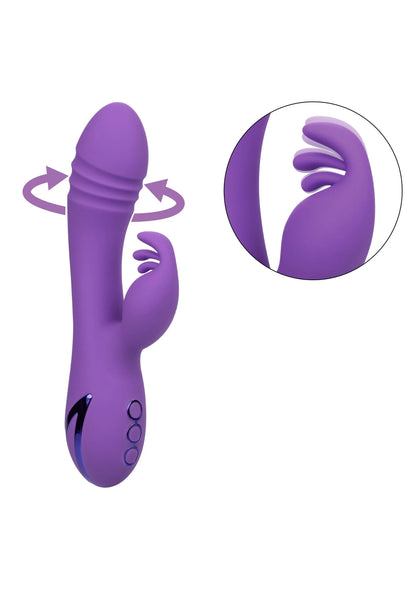 Paarse siliconen duo-vibrator met twee gebogen uiteinden en trilstructuur