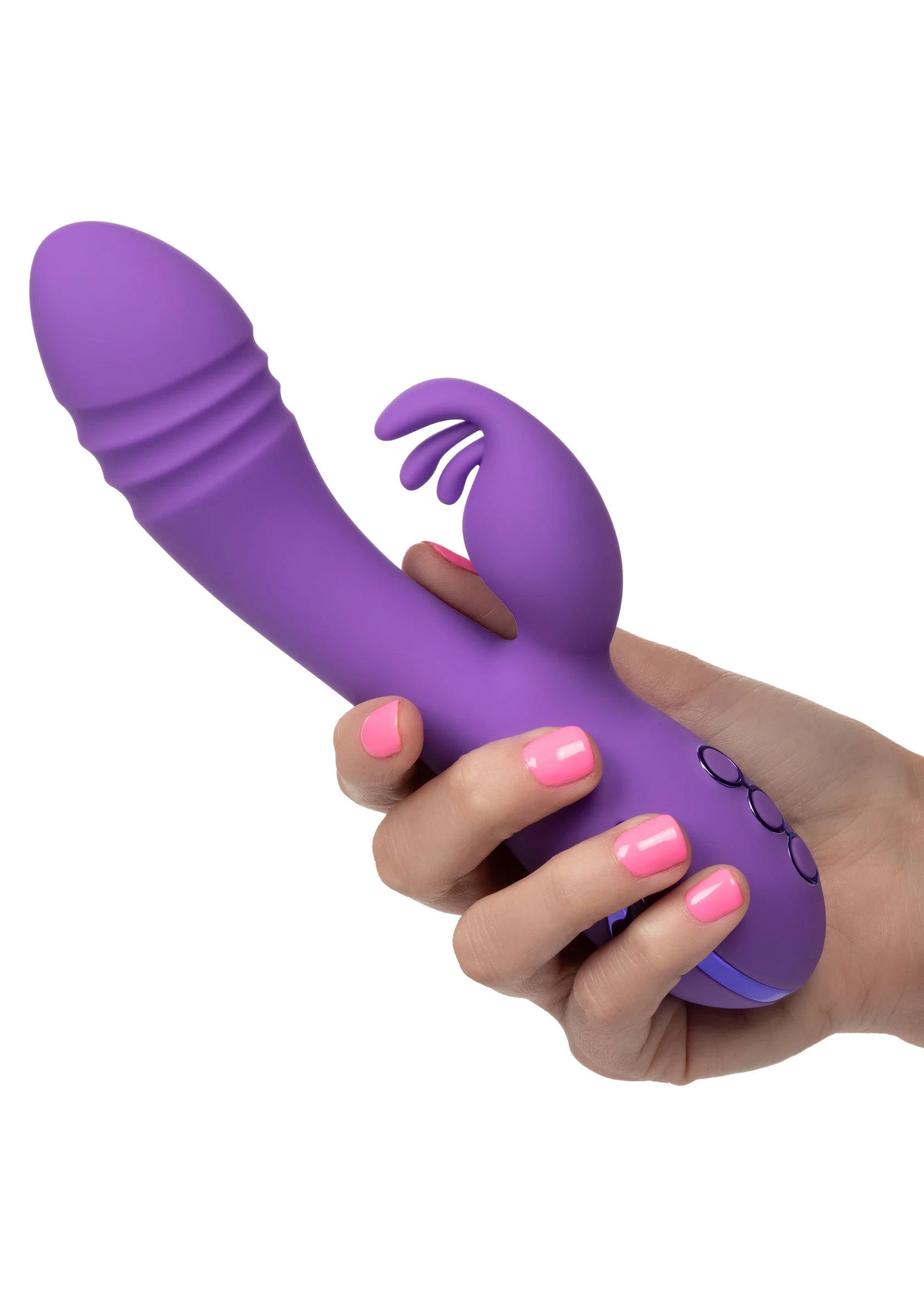 Paarse siliconen duo-vibrator in hand met bedieningsknoppen
