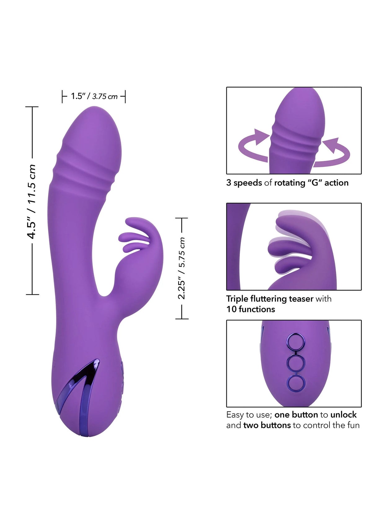 Paarse siliconen duo-vibrator met drie standen en compacte afmetingen