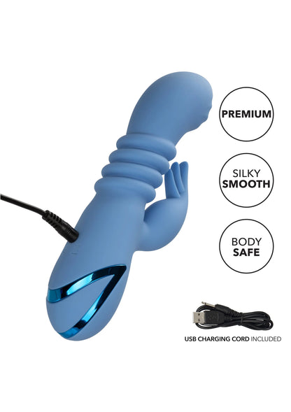 Blauw siliconen seksspeeltje met zwarte USB-laadkabel, afgeronde uiteinden