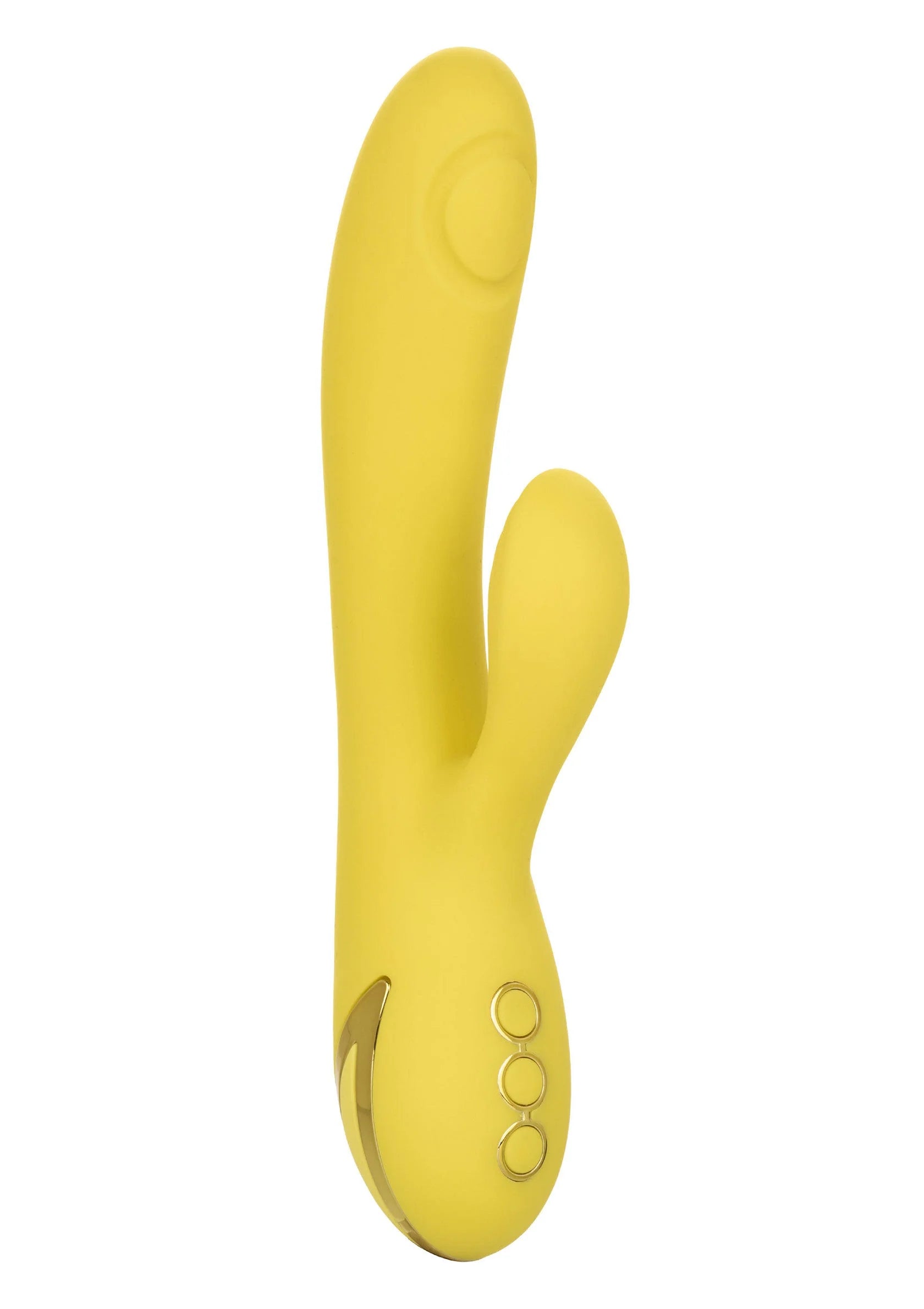 Gele dual-vibrator van siliconen met twee ronde uiteinden en metalen accent onderaan