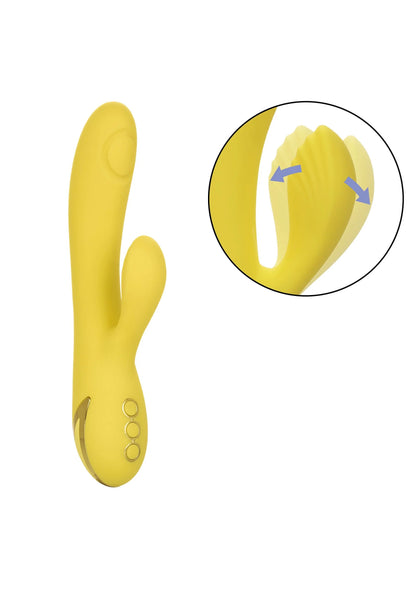Gele dual-vibrator met klein tweede uiteinde, inzet toont contactpositie