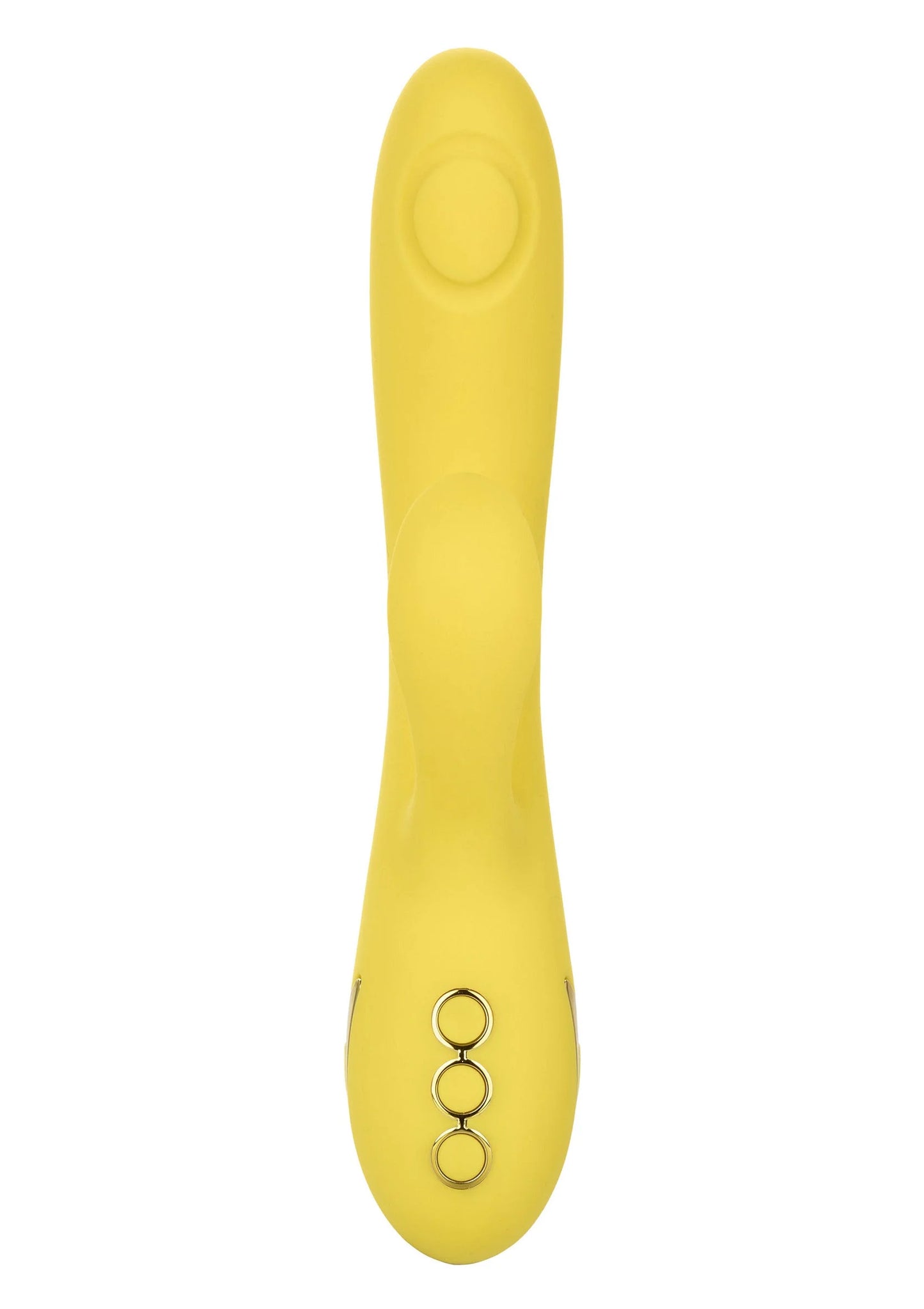 Gele siliconen dildo met ronde o-ring detail en gebogen vorm