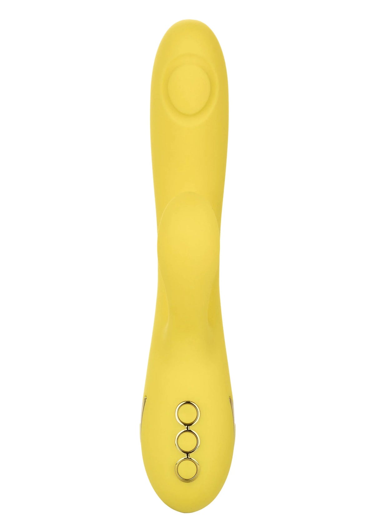 Gele siliconen dildo met ronde o-ring detail en gebogen vorm