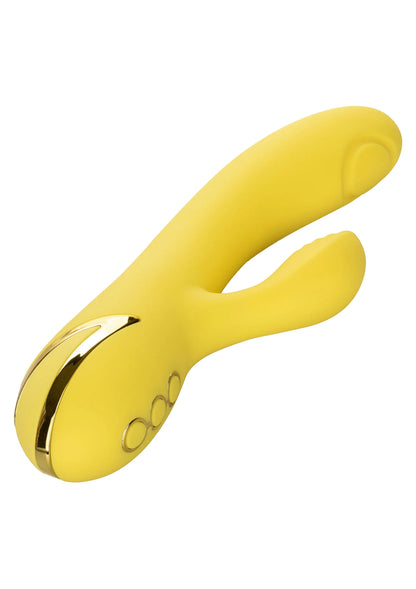 Gele vibrerende dual-vibrator met hol midden en klein rond uiteinde, glanzende afwerking
