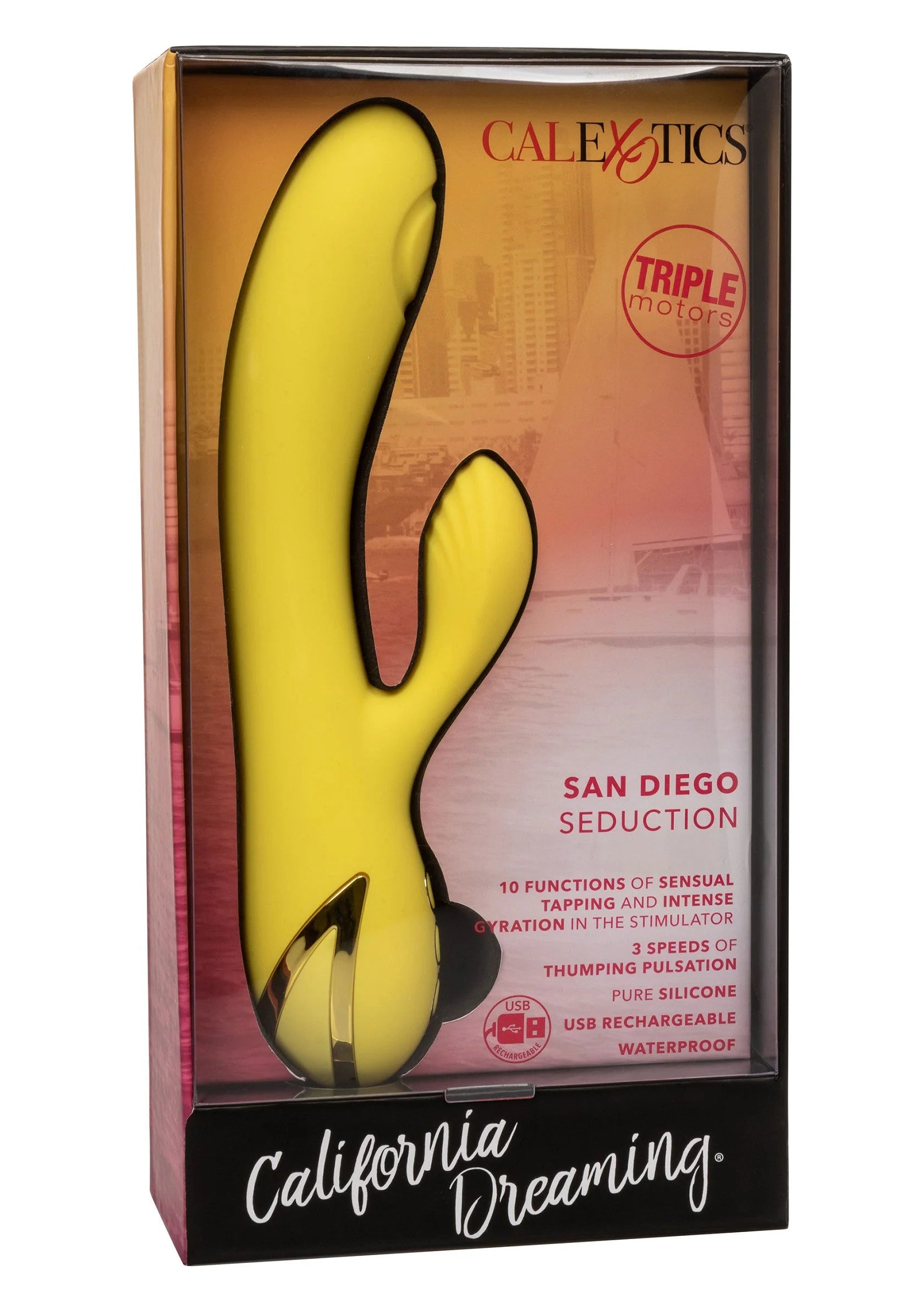 CalExotics San Diego Seduction dual-vibrator in gele verpakking met productafbeelding