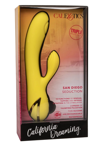 CalExotics San Diego Seduction dual-vibrator in gele verpakking met productafbeelding