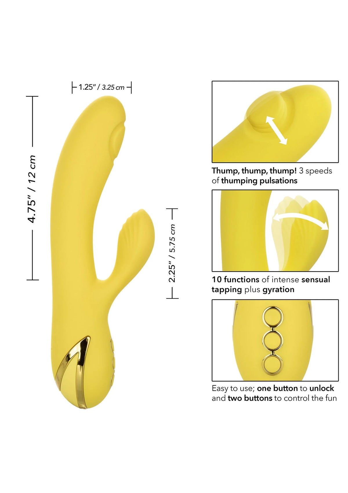 Gele dual-vibrator met twee kussenvormige koppen, zijaanzicht met afmetingen links