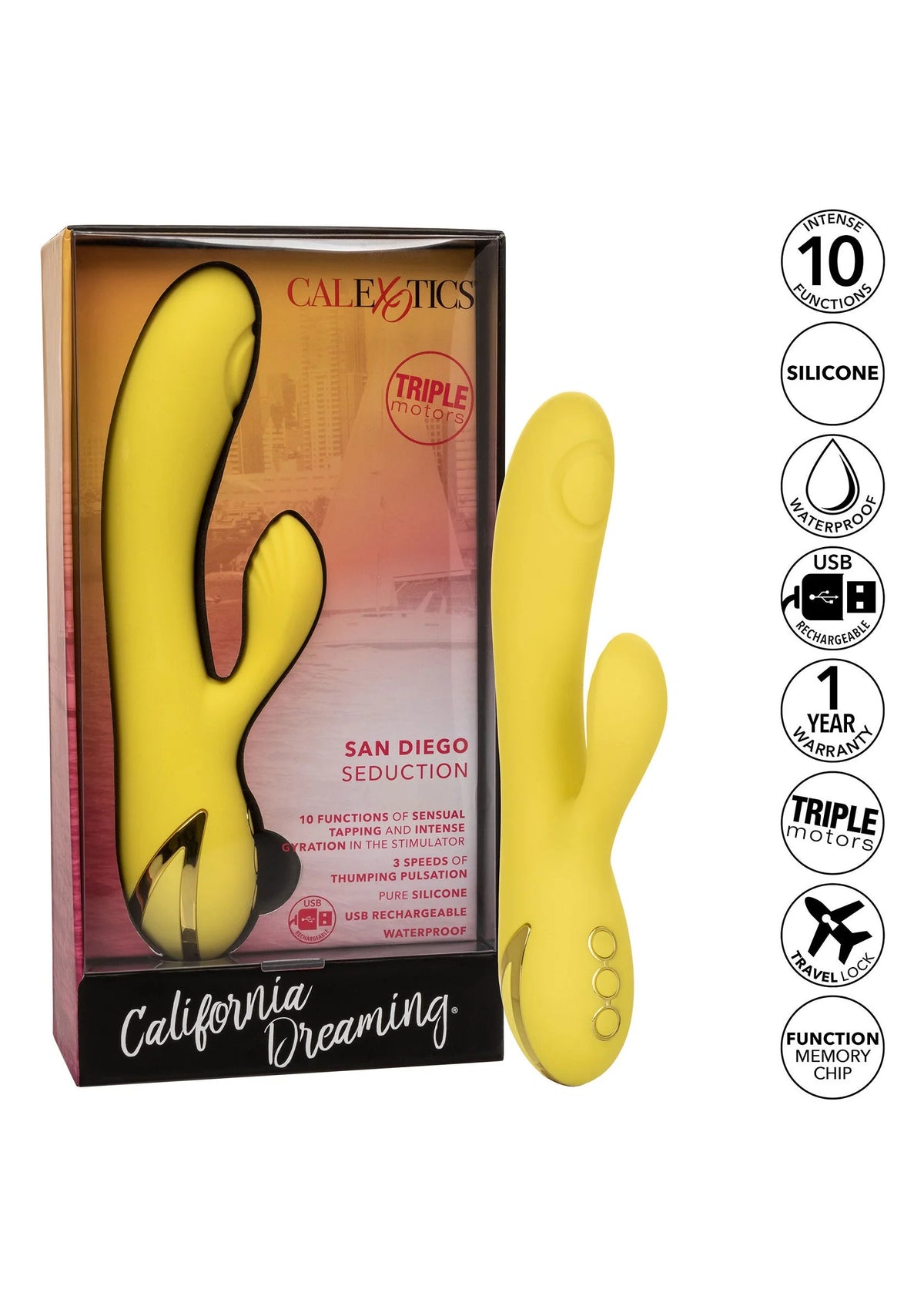 Set met gele CalExotics dual-vibrator, kleine tweede vibrator en verpakking in beeld