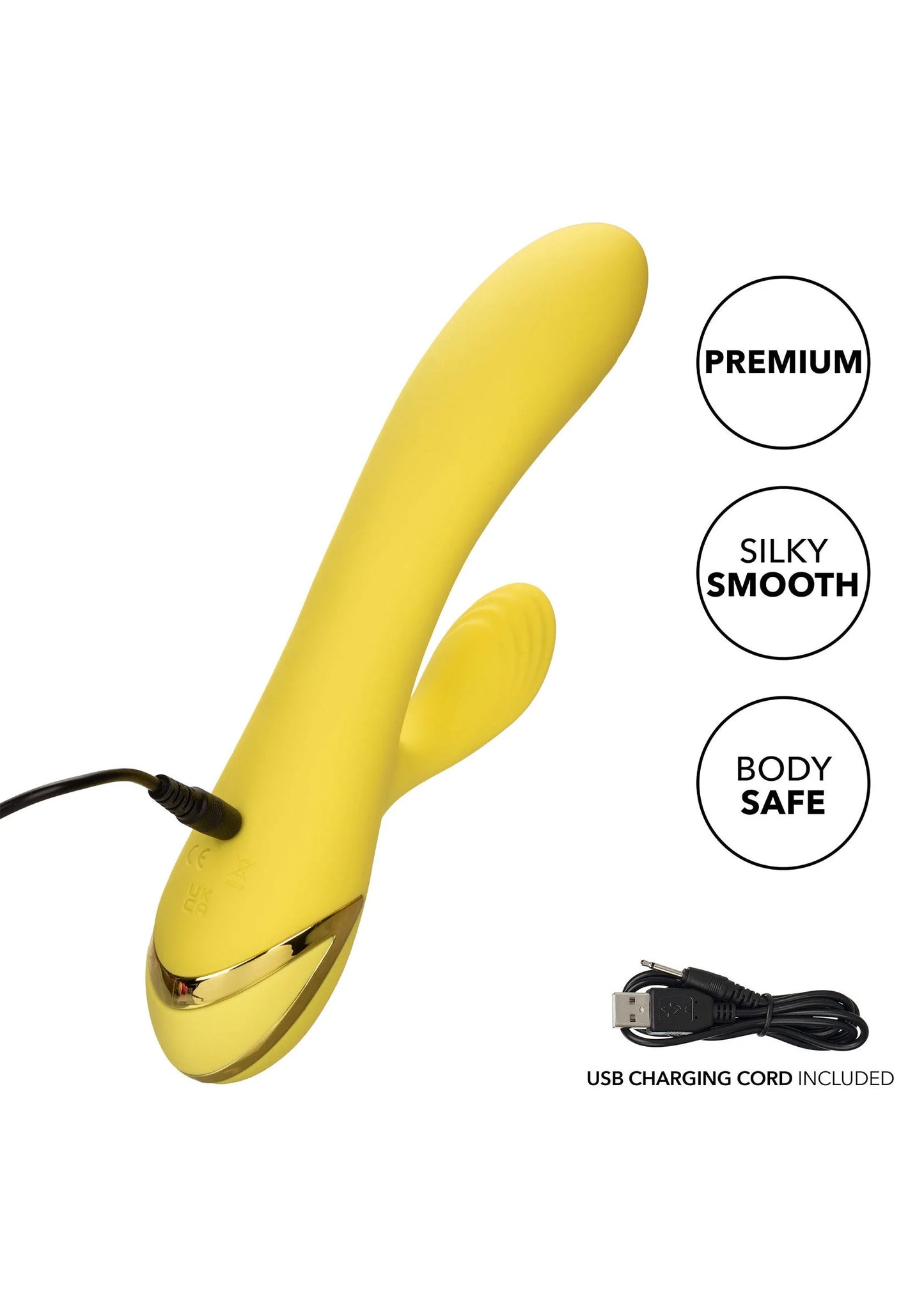 Gele dual-vibrator met gladde, gebogen vorm en meegeleverde USB-oplaadsnoer