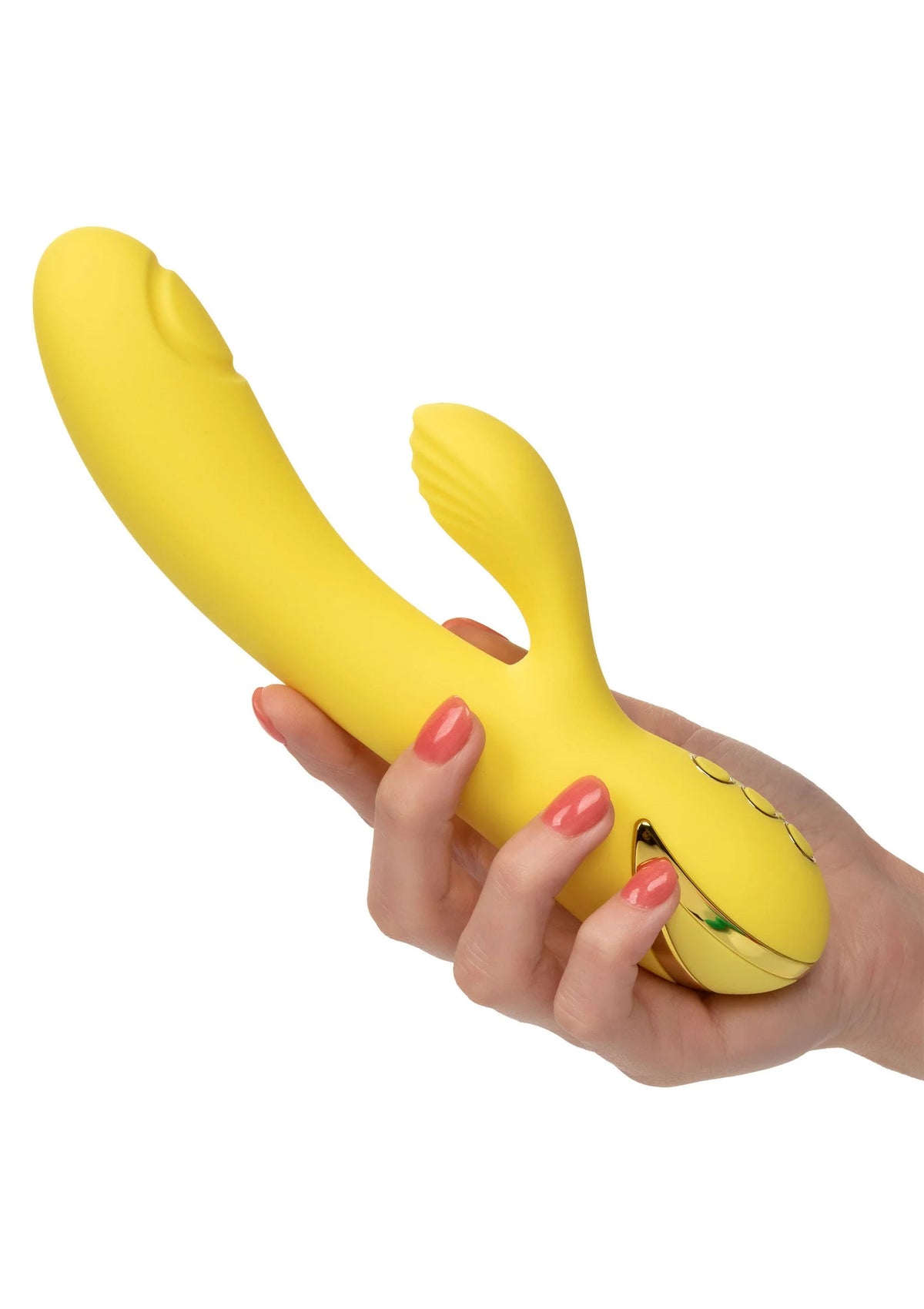Gele dual-vibrator vastgehouden in hand, met klein tweede uiteinde zichtbaar