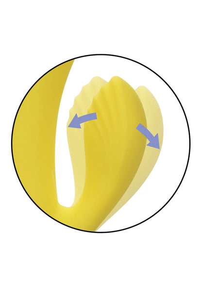 Gele dual-vibrator met twee contactpunten; pijlen tonen bewegingsrichting