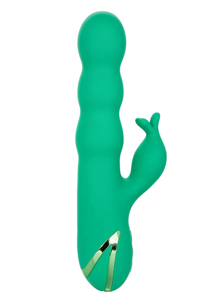 Groen seksspeeltje met gebogen staart en metalen inzet onderaan