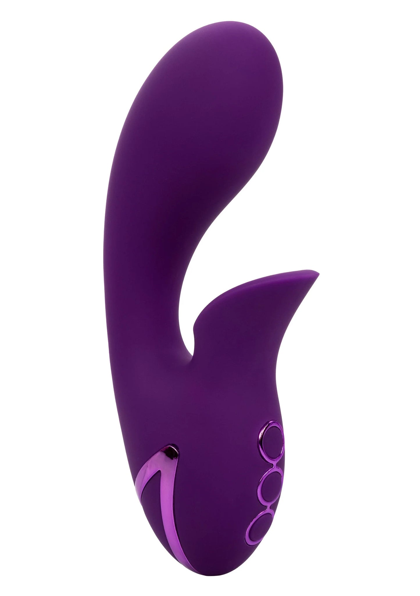 Paarse gebogen vibrator met ronde opening en twee bedieningsknoppen