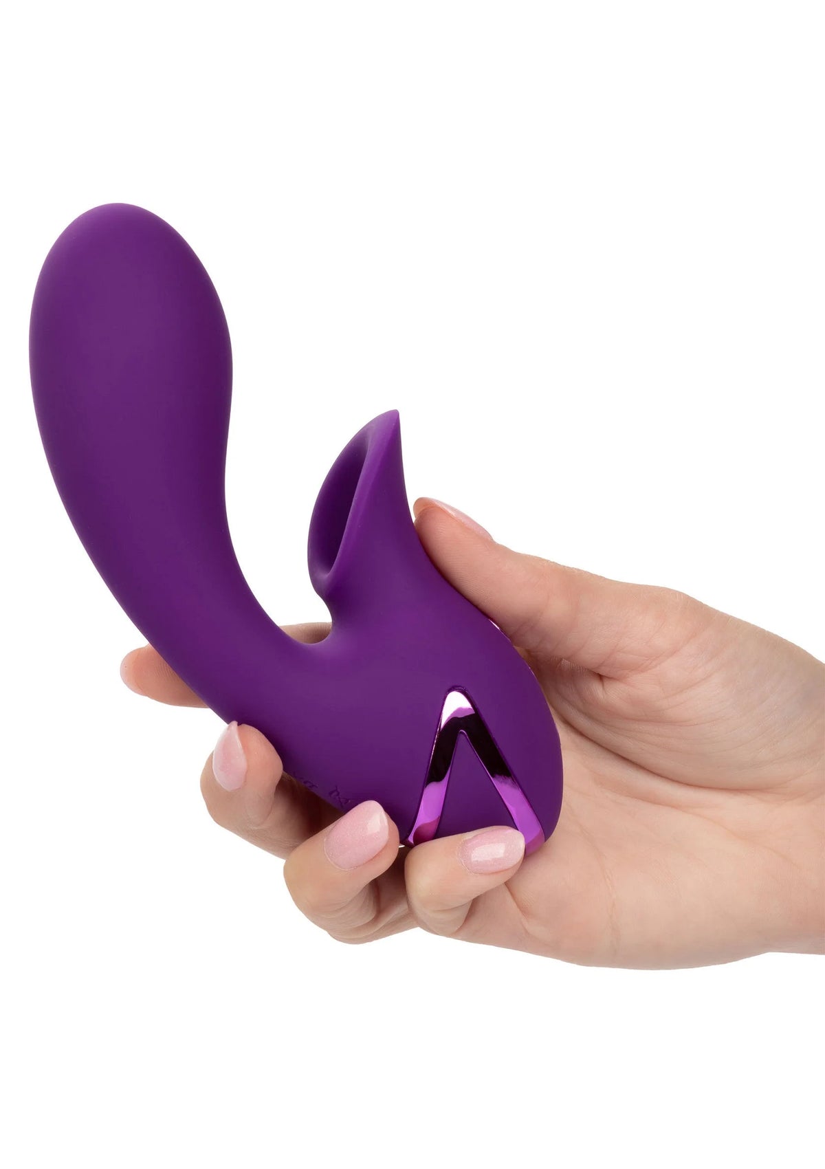 Paarse dual-massager in close-up, met handgreep en centrale buiging