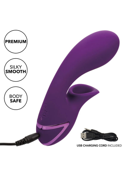 Paars gebogen vibrator met meegeleverde USB-oplaadkabel en siliconen behuizing