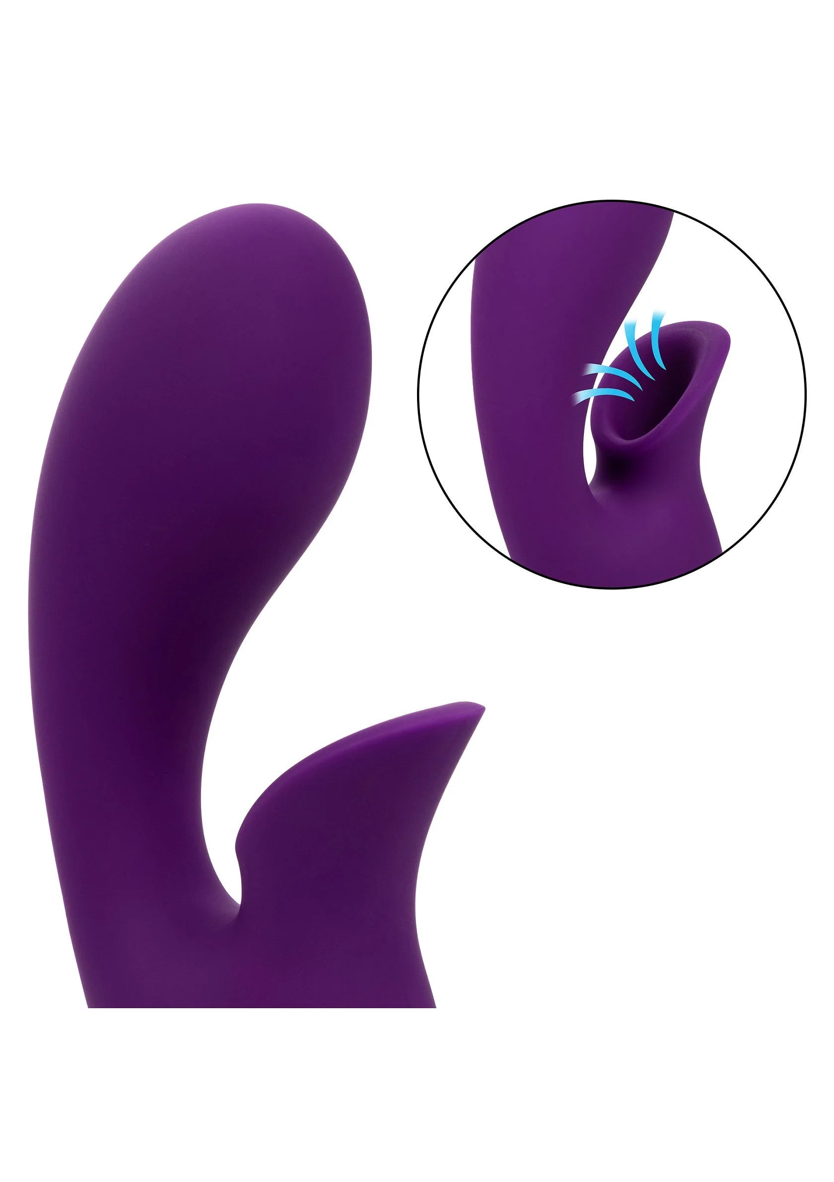 Paarse dual-massager met detailrondje van binnenkanaal en trillingsribben