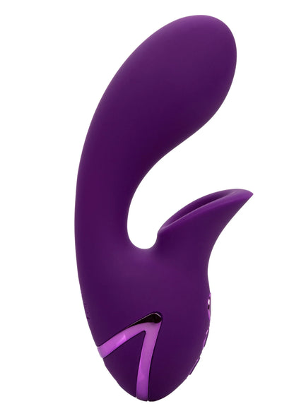 Paarse dual-massager met paarse contactpunt en gebogen vorm, close-up